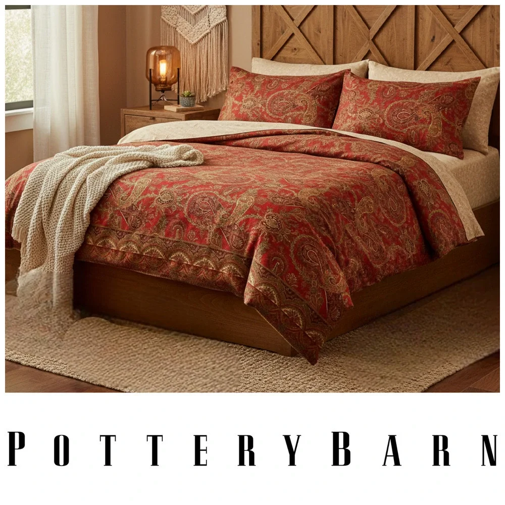 Pottery Barn Caesarea Paisley 100% Cotton Twin Duvet Cover Red + 2 Std Cases
